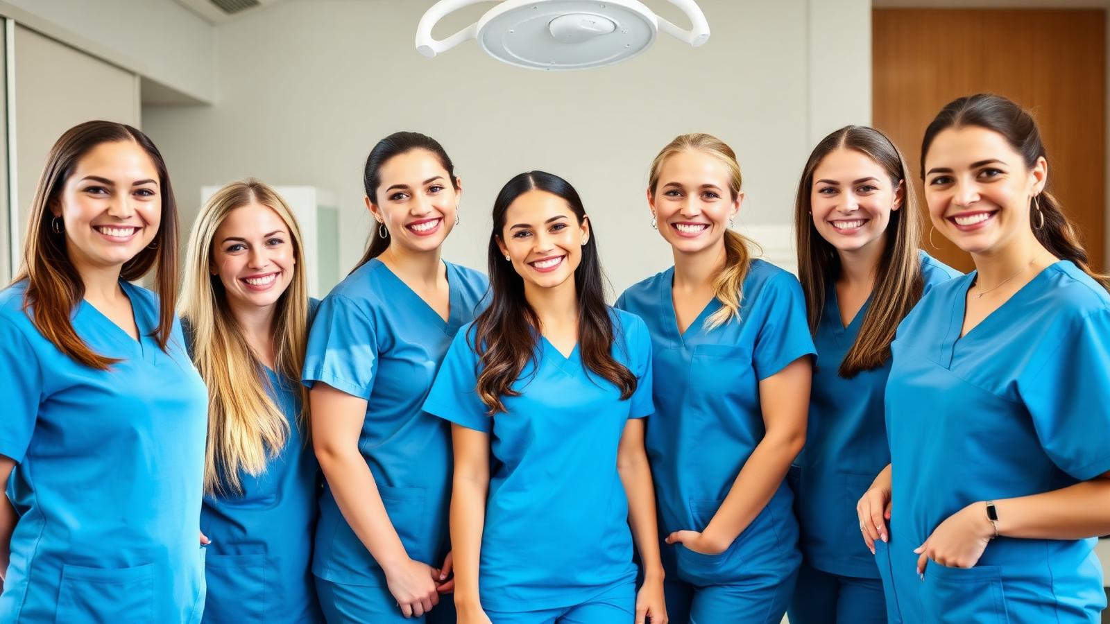 Smiling members of the Lakewood Dental team in matching blue scrubs