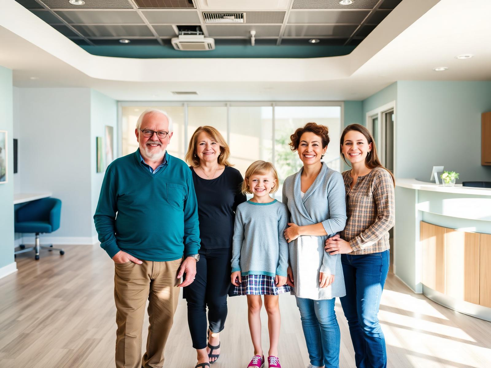 Smiling multi-generational family greeted at the front desk of Lakewood Dental